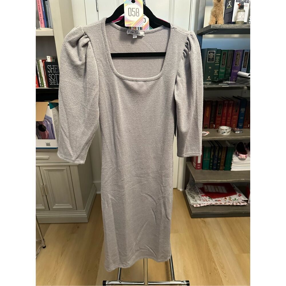 Velvet Torch puff shoulder knee length dress‎ Women’s S Grey stretch NWT